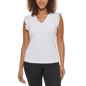 NWT Andrew Marc Women s V-Neck Ruffle Sleeve T-Shirt White Size XXL $45 5B316
